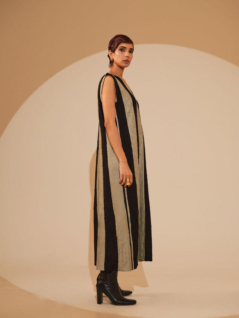 Twin Dress-Taupe + Black crushed silk dress by Stoique in taupe, black for women Worldwide