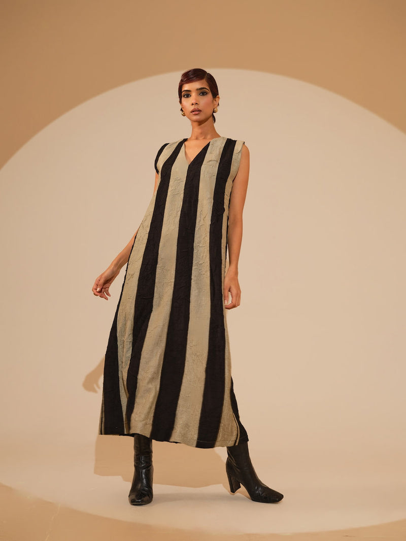 Twin Dress-Taupe + Black crushed silk dress by Stoique in taupe, black for women Worldwide