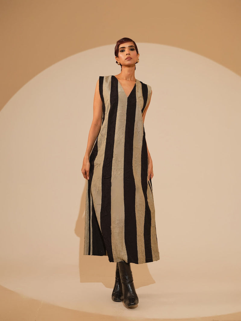Twin Dress-Taupe + Black crushed silk dress by Stoique in taupe, black for women Worldwide