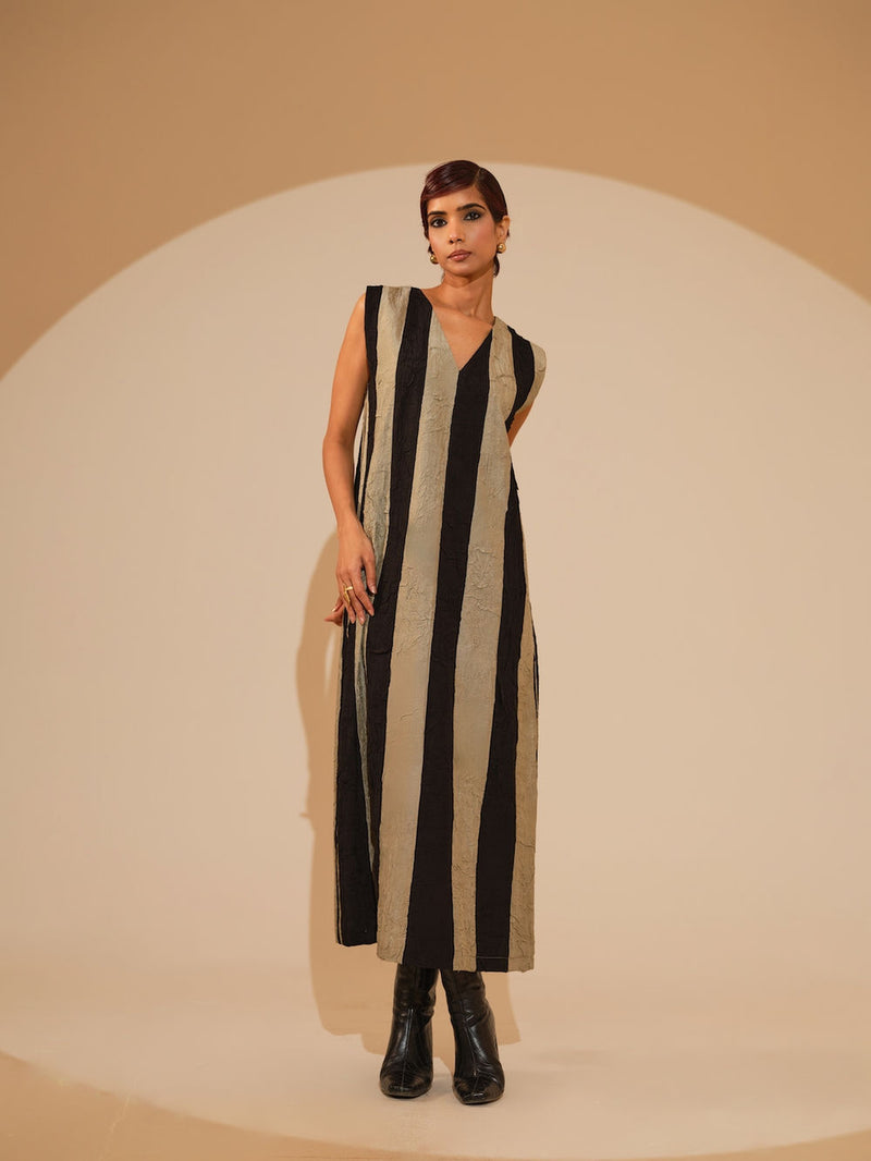 Twin Dress-Taupe + Black crushed silk dress by Stoique in taupe, black for women Worldwide