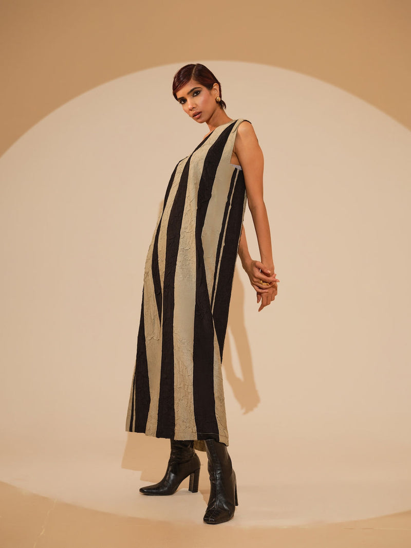 Twin Dress-Taupe + Black crushed silk dress by Stoique in taupe, black for women Worldwide