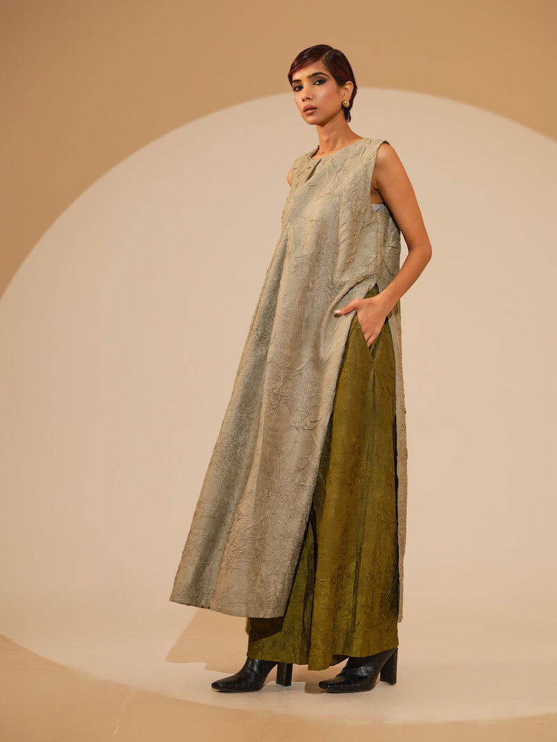 Flip Tunic-Taupe crushed silk tunics/kaftan by Stoique in taupe for women Worldwide