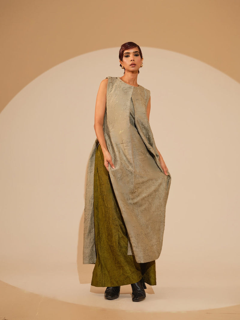 Flip Tunic-Taupe crushed silk tunics/kaftan by Stoique in taupe for women Worldwide