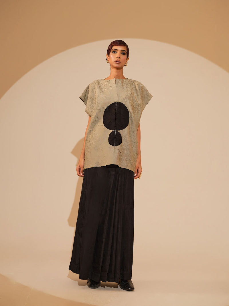 Lane Top-Taupe + Black crushed silk top/shirt by Stoique in taupe, black for women Worldwide