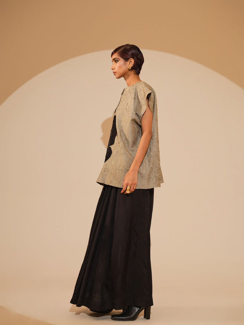 Lane Top-Taupe + Black crushed silk top/shirt by Stoique in taupe, black for women Worldwide