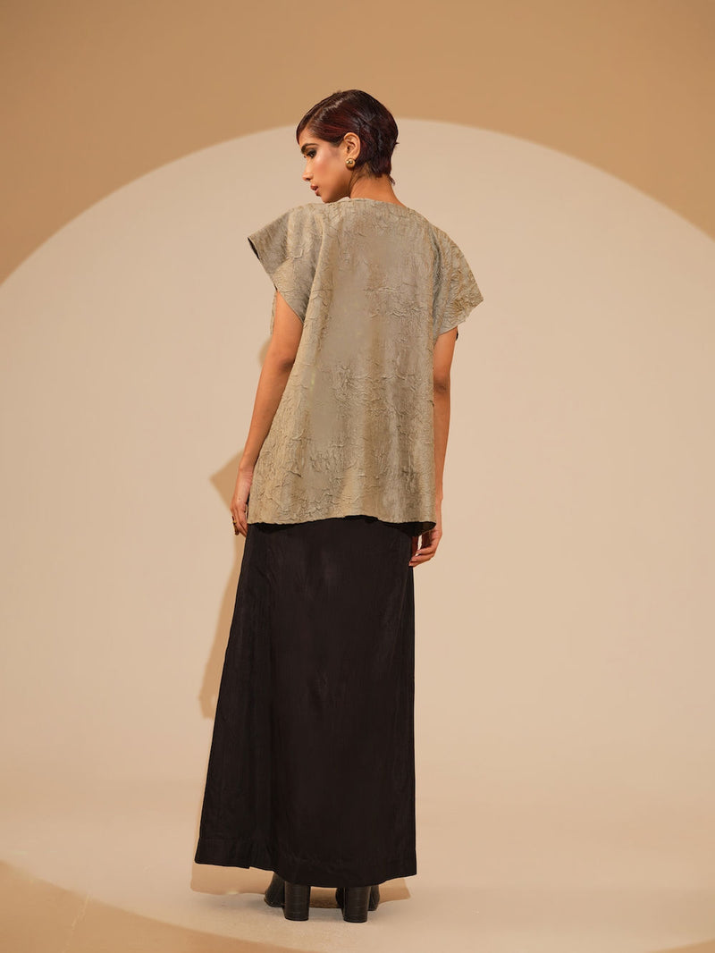 Lane Top-Taupe + Black crushed silk top/shirt by Stoique in taupe, black for women Worldwide