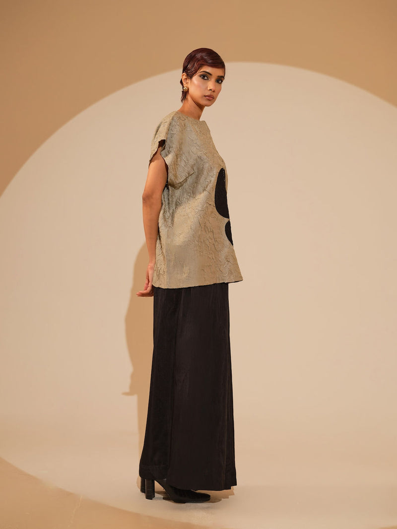 Lane Top-Taupe + Black crushed silk top/shirt by Stoique in taupe, black for women Worldwide