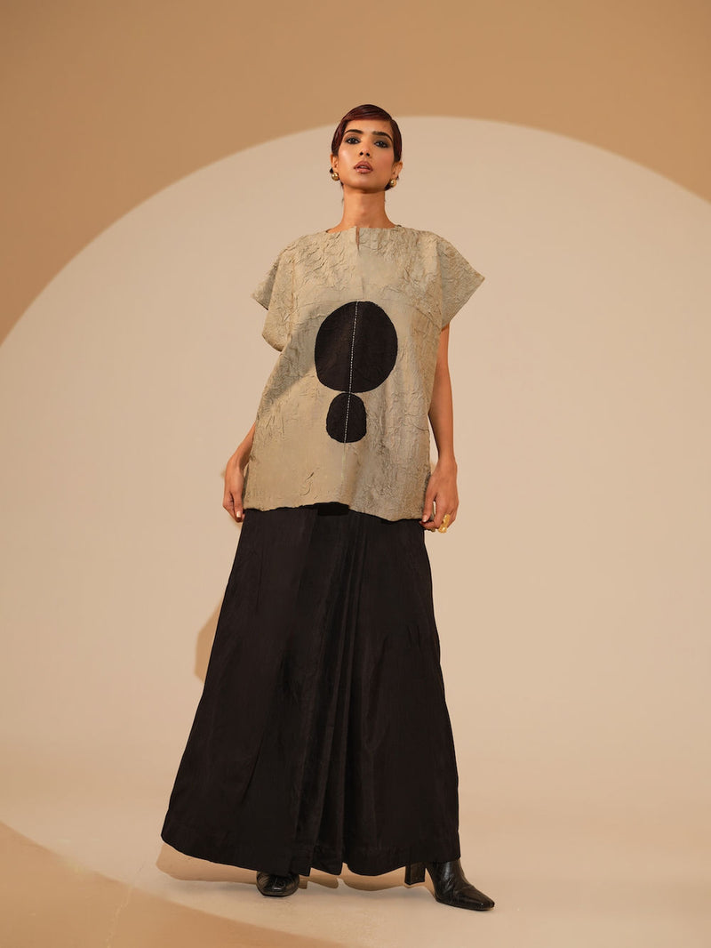 Lane Top-Taupe + Black crushed silk top/shirt by Stoique in taupe, black for women Worldwide