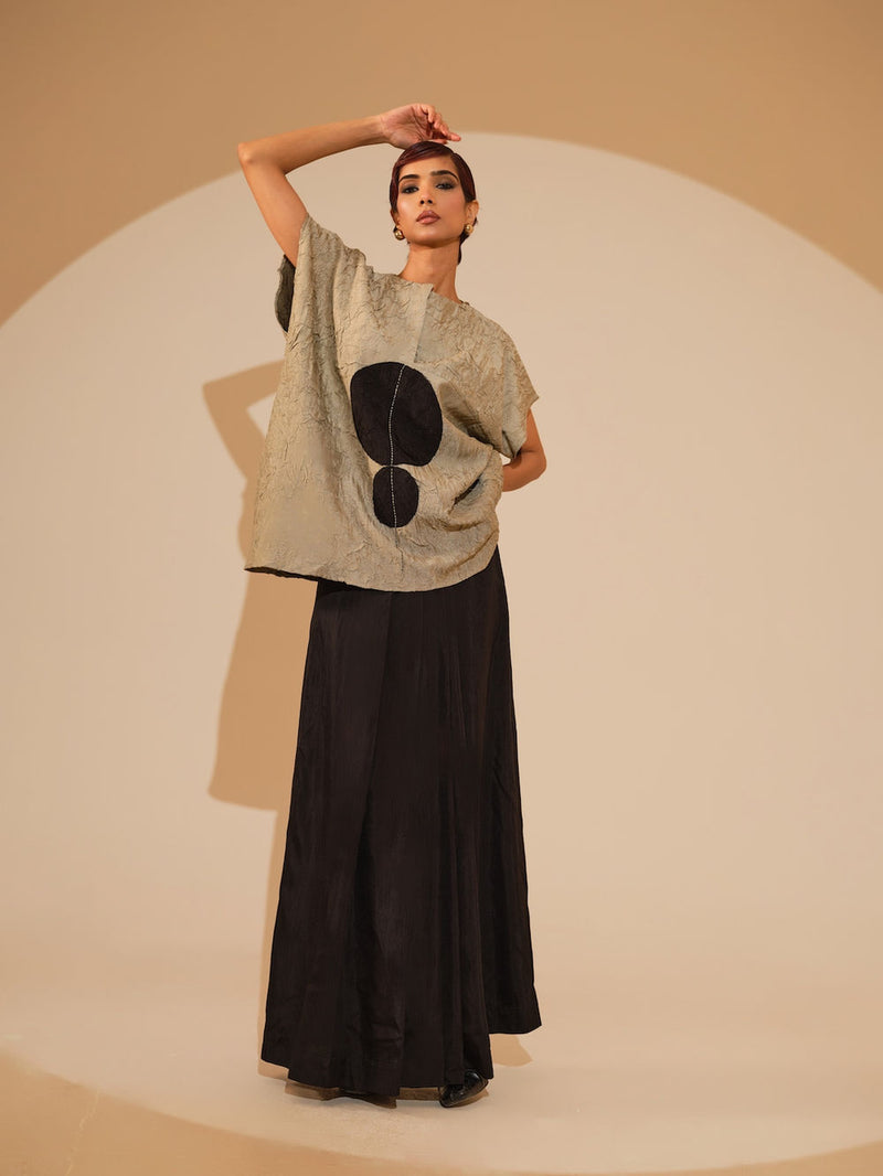 Lane Top-Taupe + Black crushed silk top/shirt by Stoique in taupe, black for women Worldwide