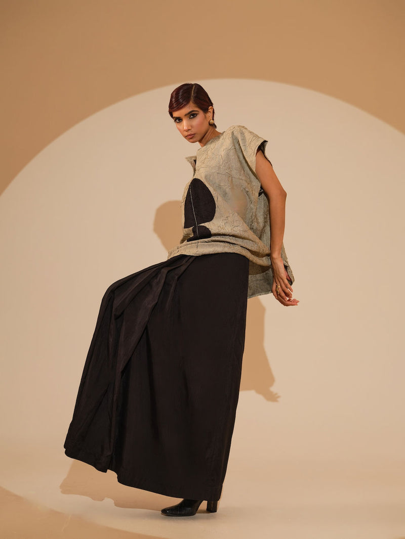 Lane Top-Taupe + Black crushed silk top/shirt by Stoique in taupe, black for women Worldwide
