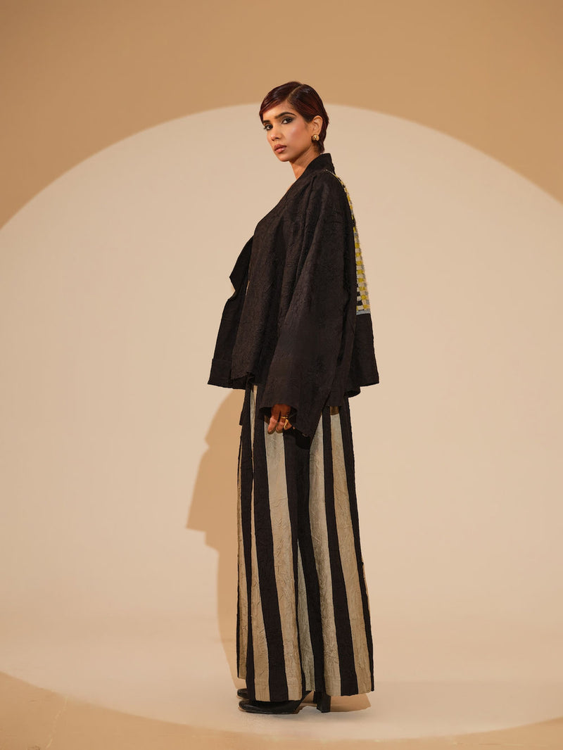Bloom Overlay-Black + Multi crushed silk jacket/overlay by Stoique in black, multi for women Worldwide