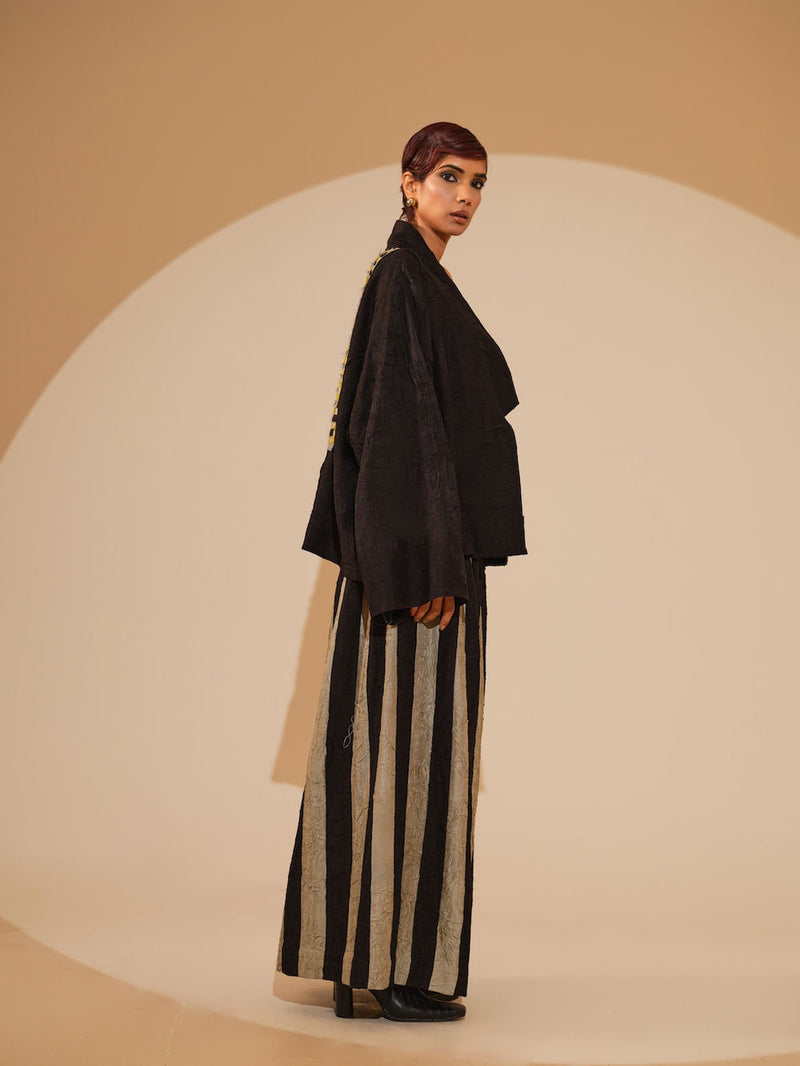 Bloom Overlay-Black + Multi crushed silk jacket/overlay by Stoique in black, multi for women Worldwide
