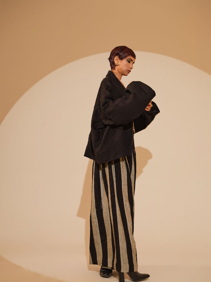 Bloom Overlay-Black + Multi crushed silk jacket/overlay by Stoique in black, multi for women Worldwide