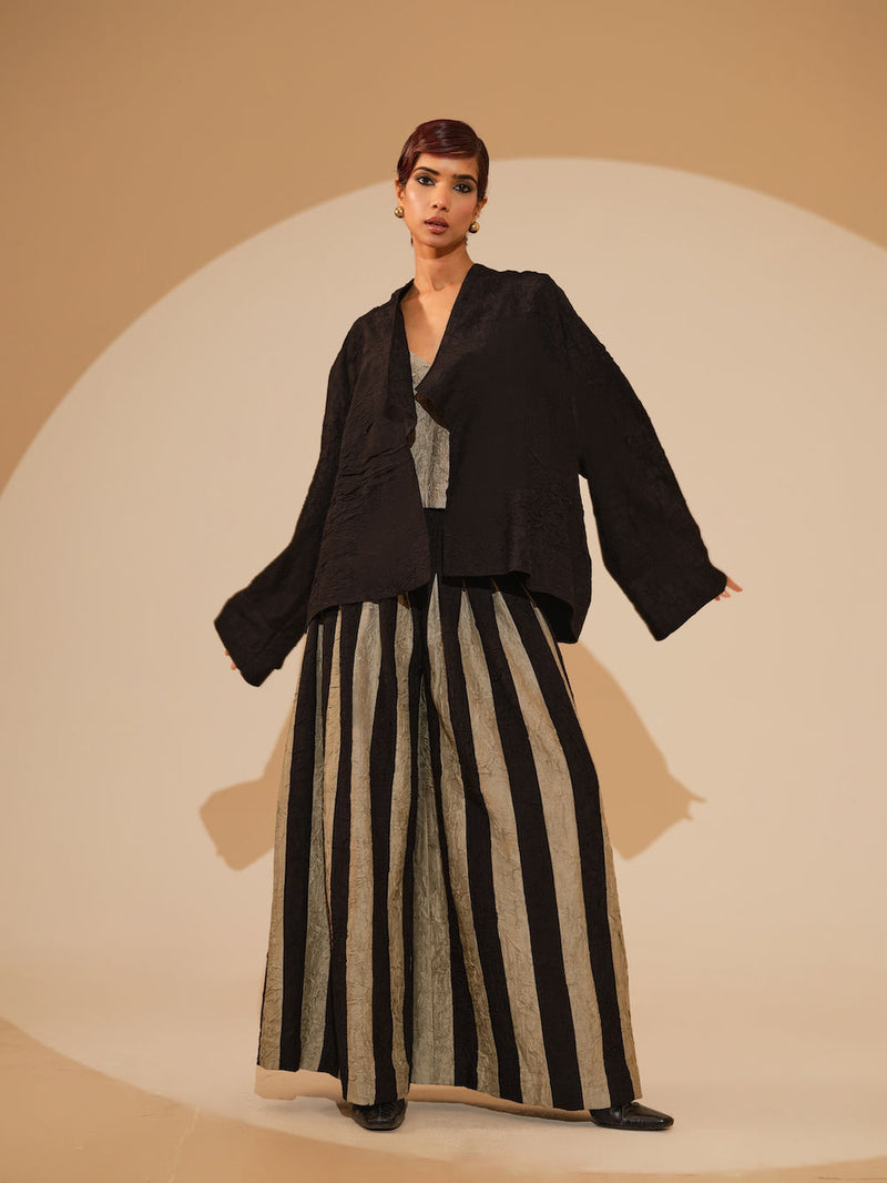 Bloom Overlay-Black + Multi crushed silk jacket/overlay by Stoique in black, multi for women Worldwide