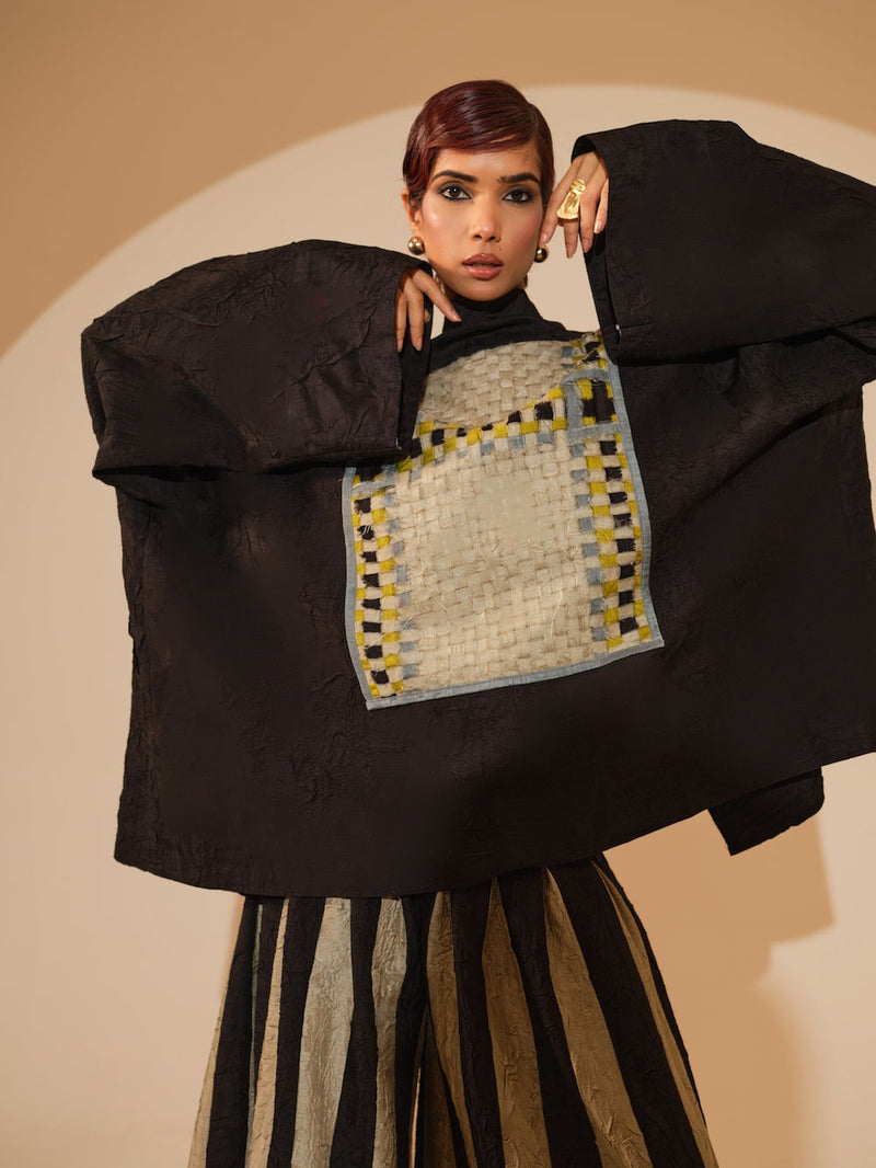 Bloom Overlay-Black + Multi crushed silk jacket/overlay by Stoique in black, multi for women Worldwide