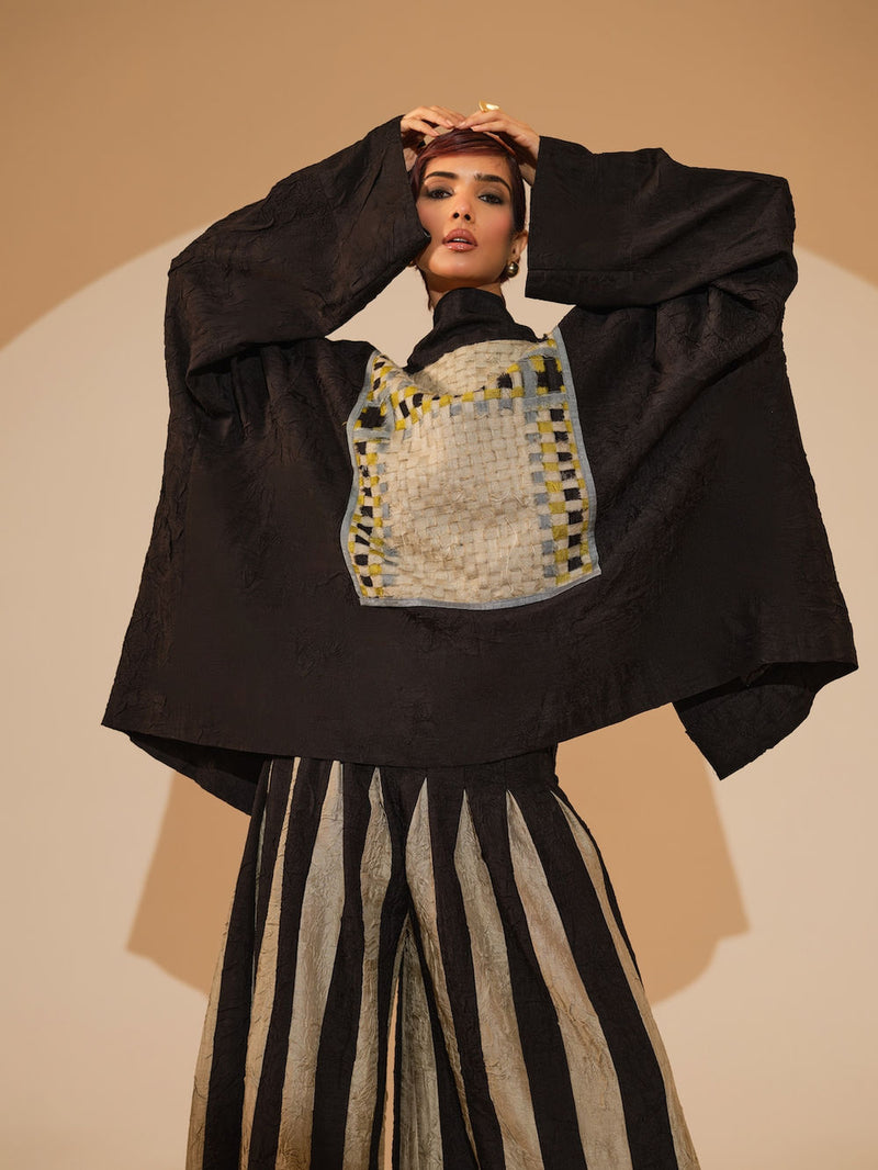 Bloom Overlay-Black + Multi crushed silk jacket/overlay by Stoique in black, multi for women Worldwide