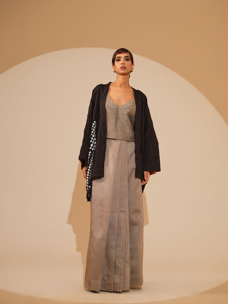 Eclipse Overlay-Black + Natural crushed cotton jacket/overlay by Stoique in black, natural for women Worldwide