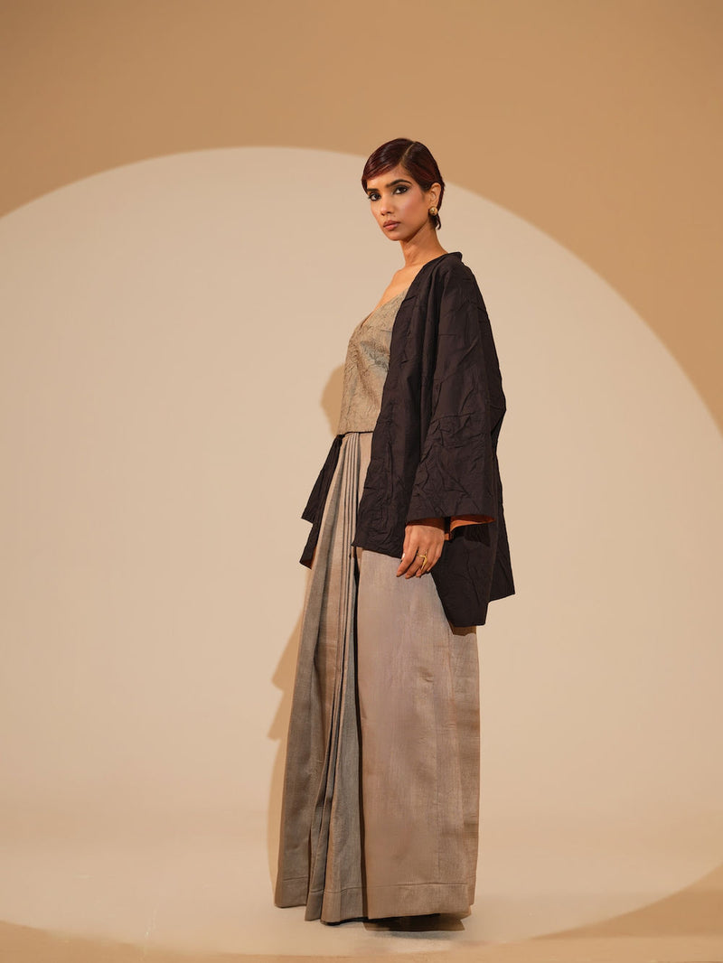 Eclipse Overlay-Black + Natural crushed cotton jacket/overlay by Stoique in black, natural for women Worldwide