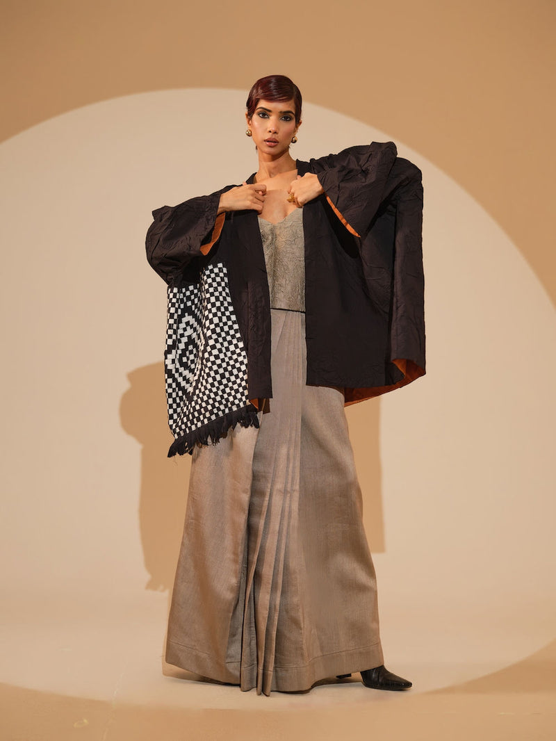 Eclipse Overlay-Black + Natural crushed cotton jacket/overlay by Stoique in black, natural for women Worldwide