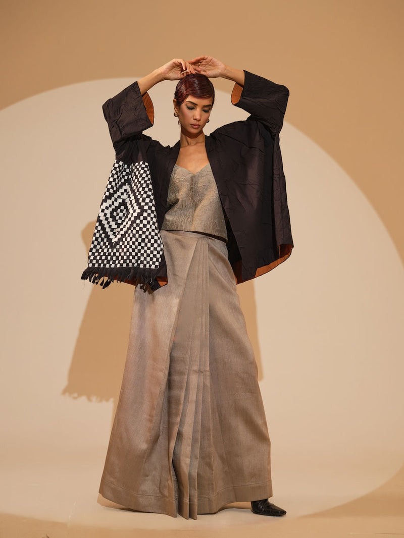 Eclipse Overlay-Black + Natural crushed cotton jacket/overlay by Stoique in black, natural for women Worldwide