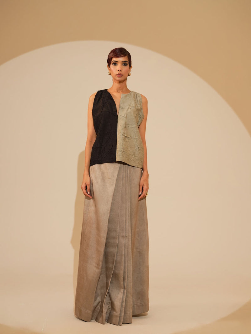Stream CB Top-Taupe + Black crushed silk top/shirt by Stoique in taupe, black for women Worldwide