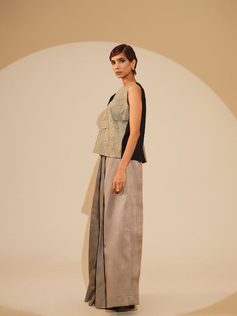 Stream CB Top-Taupe + Black crushed silk top/shirt by Stoique in taupe, black for women Worldwide