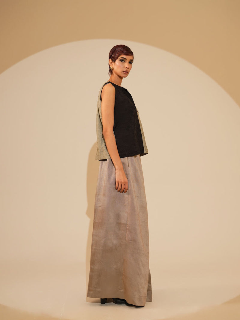 Stream CB Top-Taupe + Black crushed silk top/shirt by Stoique in taupe, black for women Worldwide