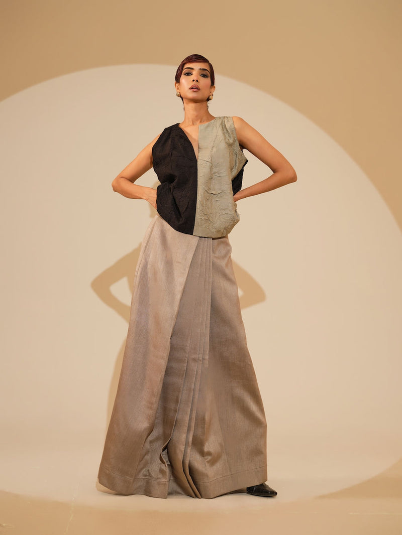 Stream CB Top-Taupe + Black crushed silk top/shirt by Stoique in taupe, black for women Worldwide