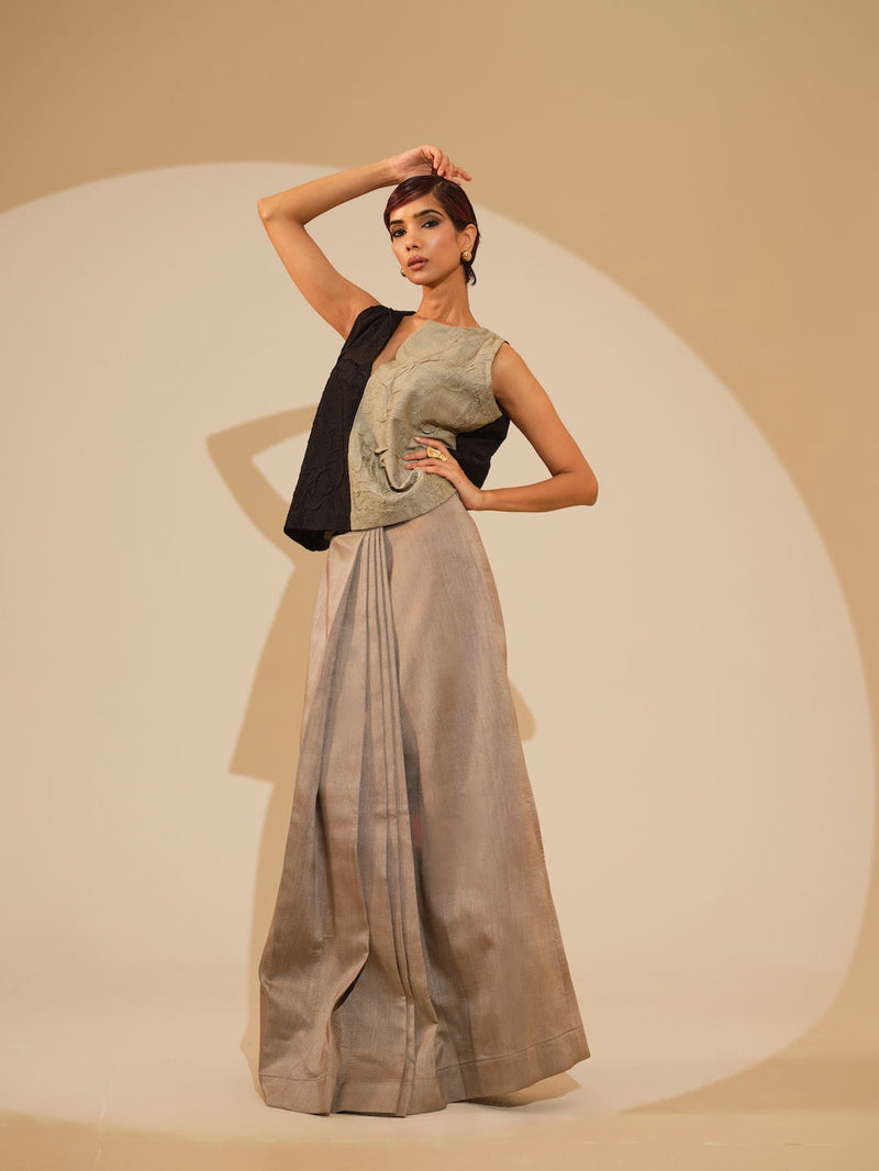 Stream CB Top-Taupe + Black crushed silk top/shirt by Stoique in taupe, black for women Worldwide