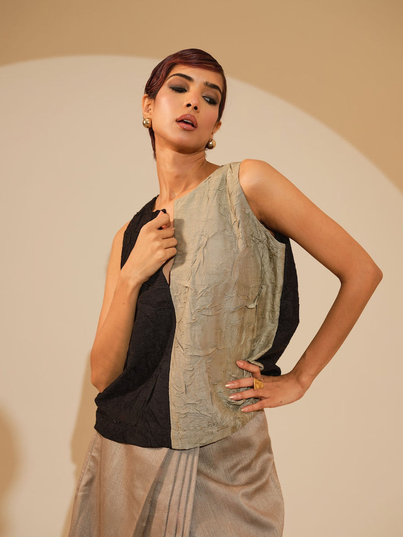 Stream CB Top-Taupe + Black crushed silk top/shirt by Stoique in taupe, black for women Worldwide
