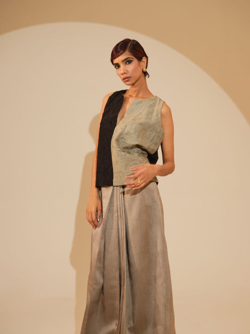 Stream CB Top-Taupe + Black crushed silk top/shirt by Stoique in taupe, black for women Worldwide
