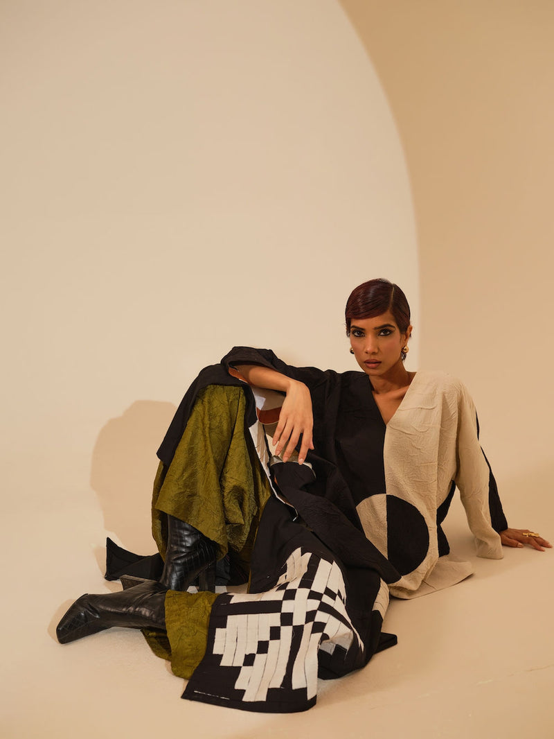 Trace Top-Black + Natural crushed cotton top/shirt by Stoique in black, natural for women Worldwide