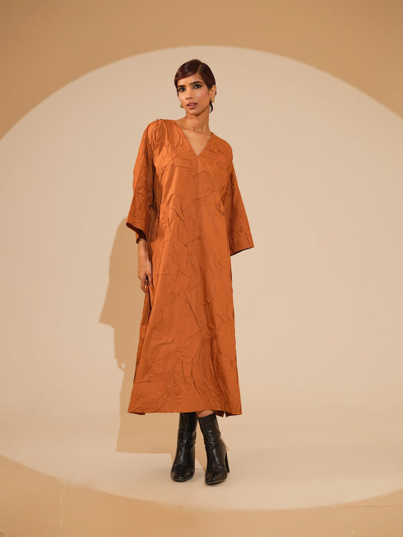 Flow Dress-Rust Orange + Black + Blue crushed cotton dress by Stoique in rust orange, black, blue for women Worldwide