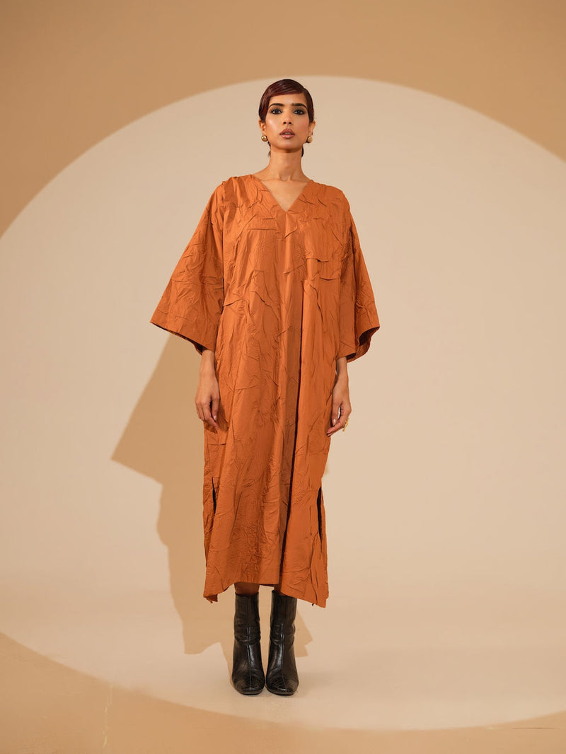 Flow Dress-Rust Orange + Black + Blue crushed cotton dress by Stoique in rust orange, black, blue for women Worldwide