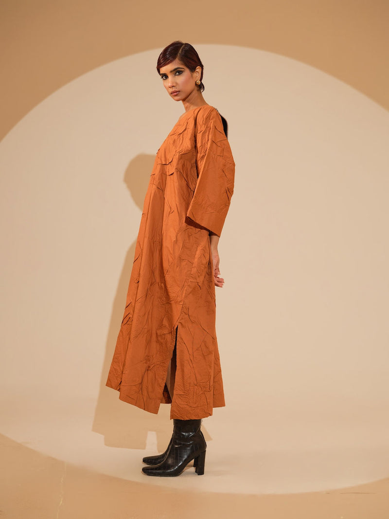 Flow Dress-Rust Orange + Black + Blue crushed cotton dress by Stoique in rust orange, black, blue for women Worldwide