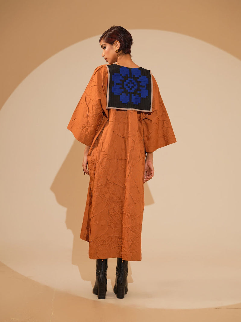Flow Dress-Rust Orange + Black + Blue crushed cotton dress by Stoique in rust orange, black, blue for women Worldwide
