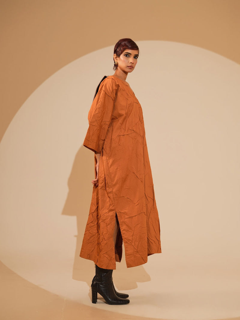 Flow Dress-Rust Orange + Black + Blue crushed cotton dress by Stoique in rust orange, black, blue for women Worldwide