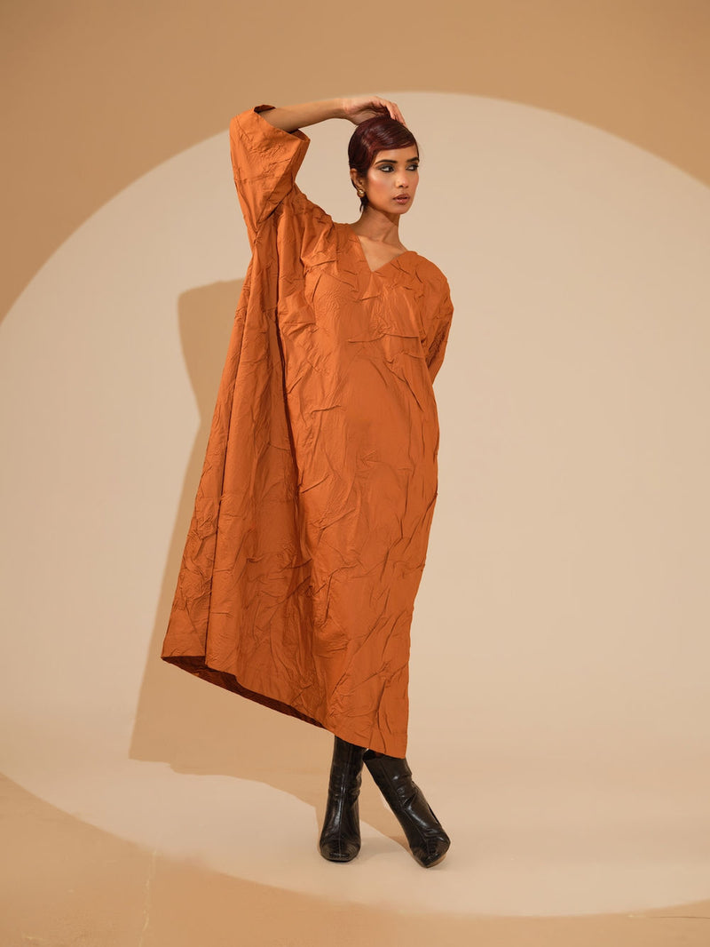 Flow Dress-Rust Orange + Black + Blue crushed cotton dress by Stoique in rust orange, black, blue for women Worldwide