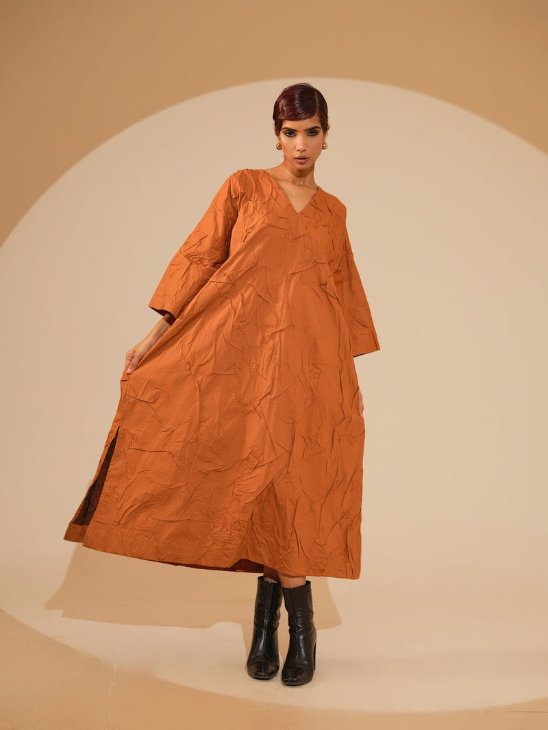 Flow Dress-Rust Orange + Black + Blue crushed cotton dress by Stoique in rust orange, black, blue for women Worldwide
