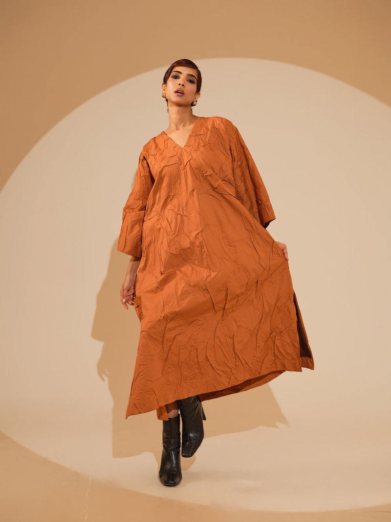 Flow Dress-Rust Orange + Black + Blue crushed cotton dress by Stoique in rust orange, black, blue for women Worldwide