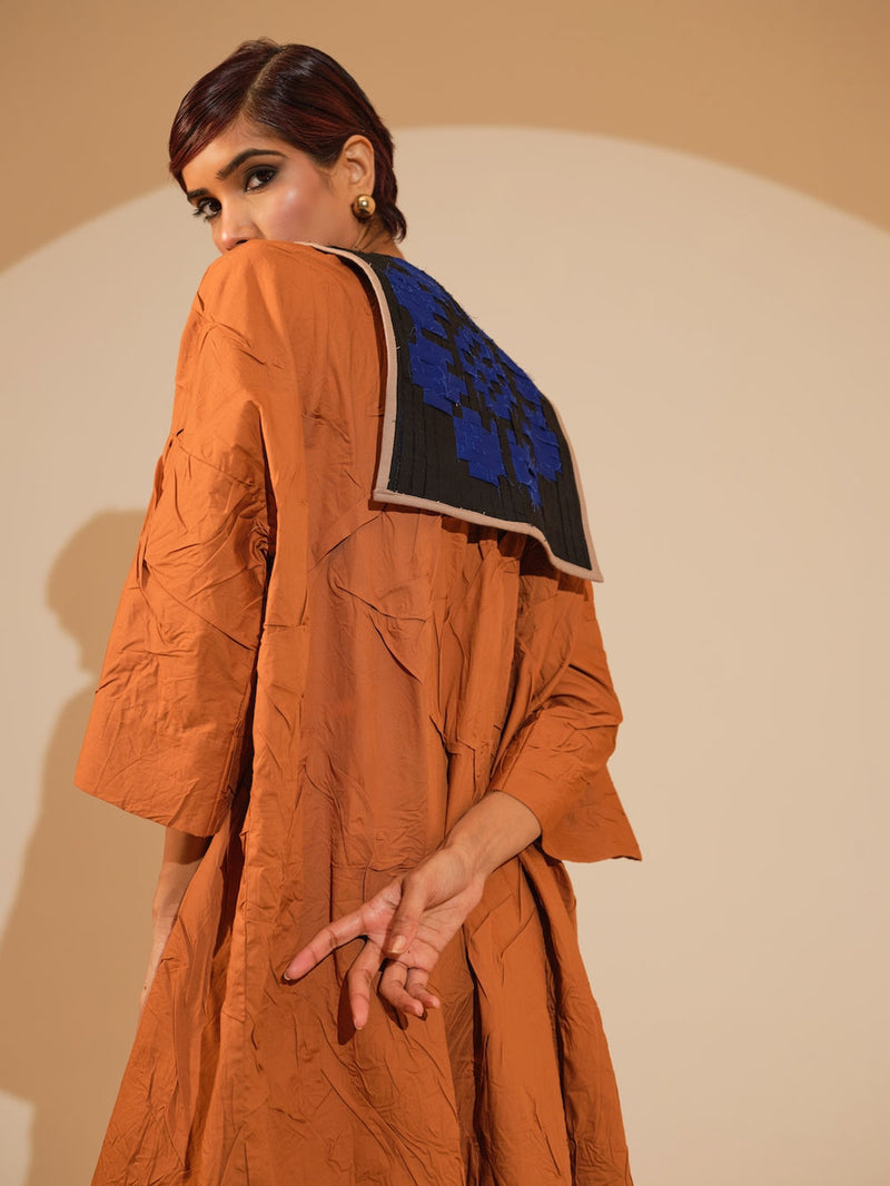 Flow Dress-Rust Orange + Black + Blue crushed cotton dress by Stoique in rust orange, black, blue for women Worldwide