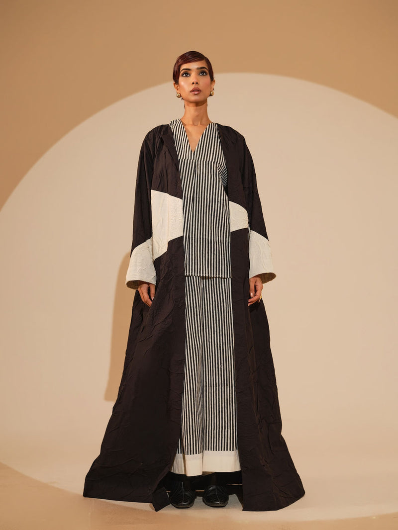 Mist Overlay-Black + Natural crushed cotton jacket/overlay by Stoique in black, natural for women Worldwide