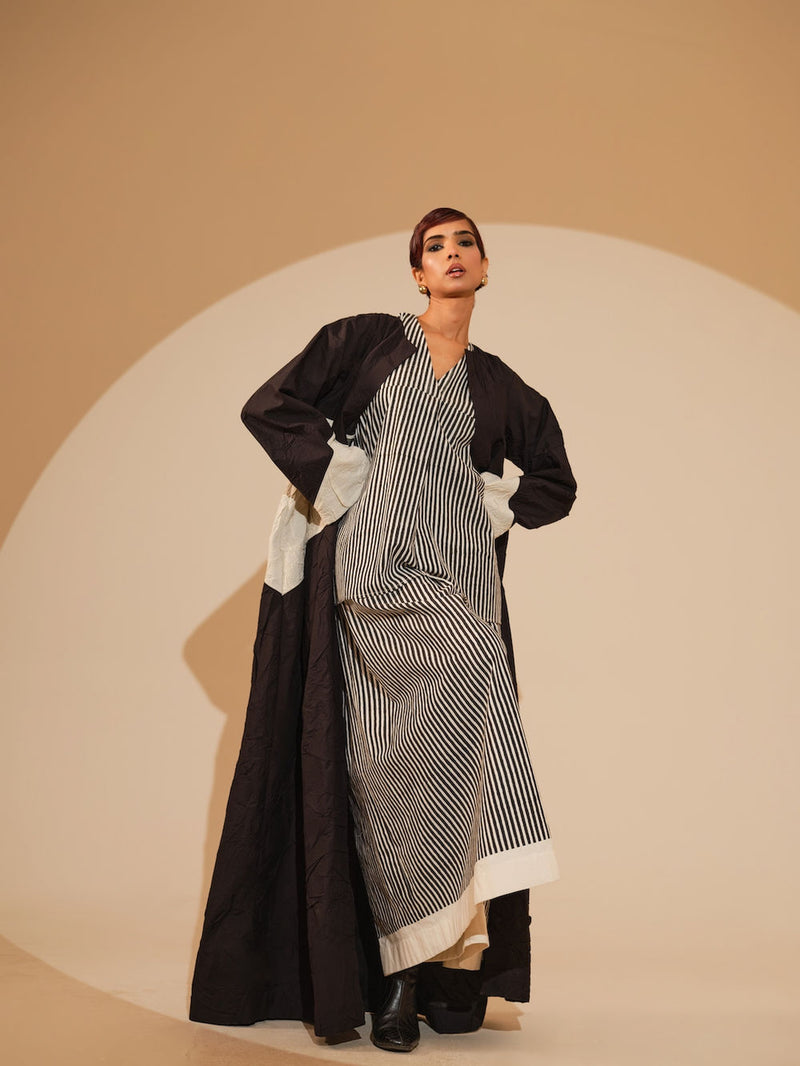 Mist Overlay-Black + Natural crushed cotton jacket/overlay by Stoique in black, natural for women Worldwide