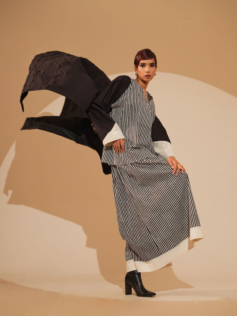 Mist Overlay-Black + Natural crushed cotton jacket/overlay by Stoique in black, natural for women Worldwide