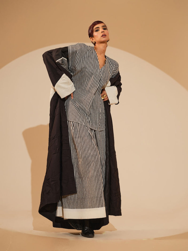 Mist Overlay-Black + Natural crushed cotton jacket/overlay by Stoique in black, natural for women Worldwide