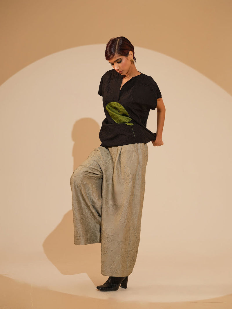 Lane Top-Black + JAde crushed silk top/shirt by Stoique in black, jade for women Worldwide