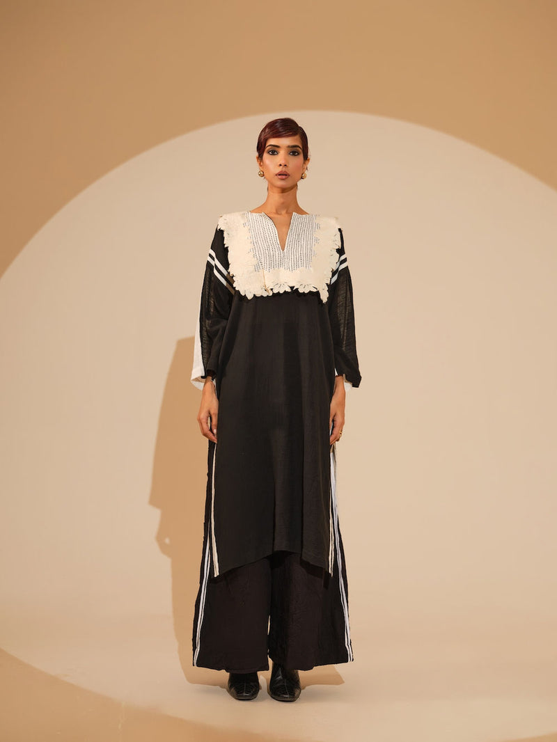 Fern Tunic-Black + Natural crushed silk tunics/kaftan by Stoique in black, natural for women Worldwide