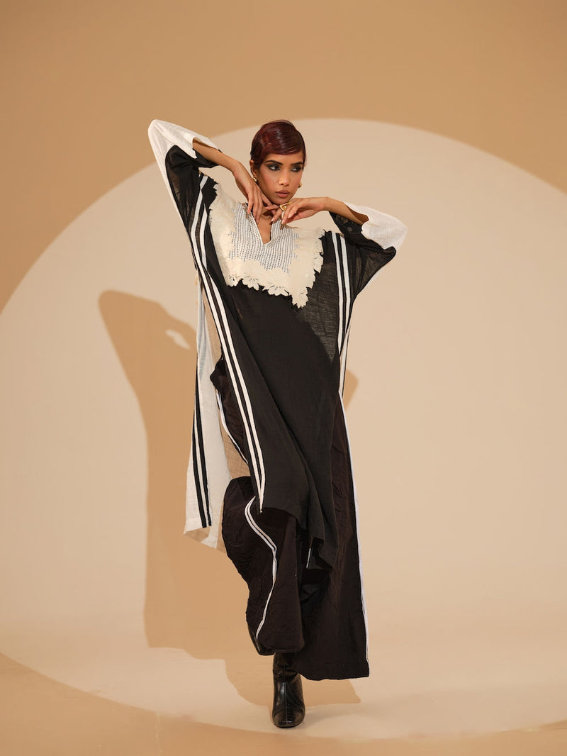 Fern Tunic-Black + Natural crushed silk tunics/kaftan by Stoique in black, natural for women Worldwide