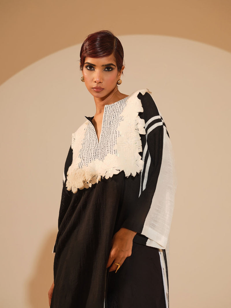 Fern Tunic-Black + Natural crushed silk tunics/kaftan by Stoique in black, natural for women Worldwide