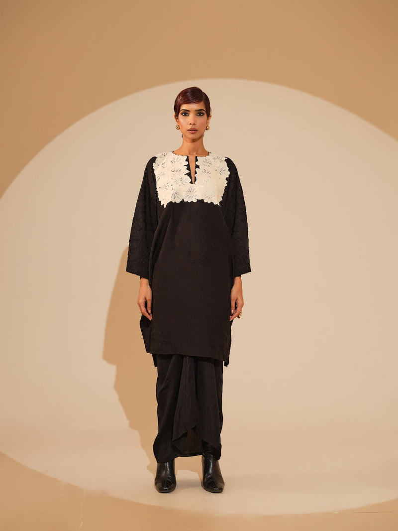 Beam Tunic-Black + Natural crushed silk tunics/kaftan by Stoique in black, natural for women Worldwide